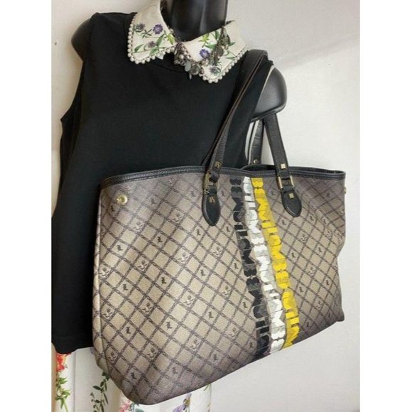 lamb shopping xl l black tan coated canvas tote - Picture 7 of 11